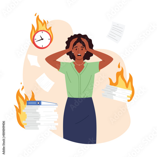 Vector illustration of burning deadlines. Cartoon scene of a young woman in despair, clutching her head, stack of papers, folder, clock and fire, burning work deadlines isolated on white background.