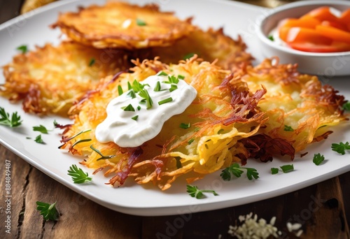 crispy potato latkes sour cream white traditional jewish dish, golden, brown, shredded, fried, grated, homemade, savory, appetizing, fritters, delicious, potatoes photo