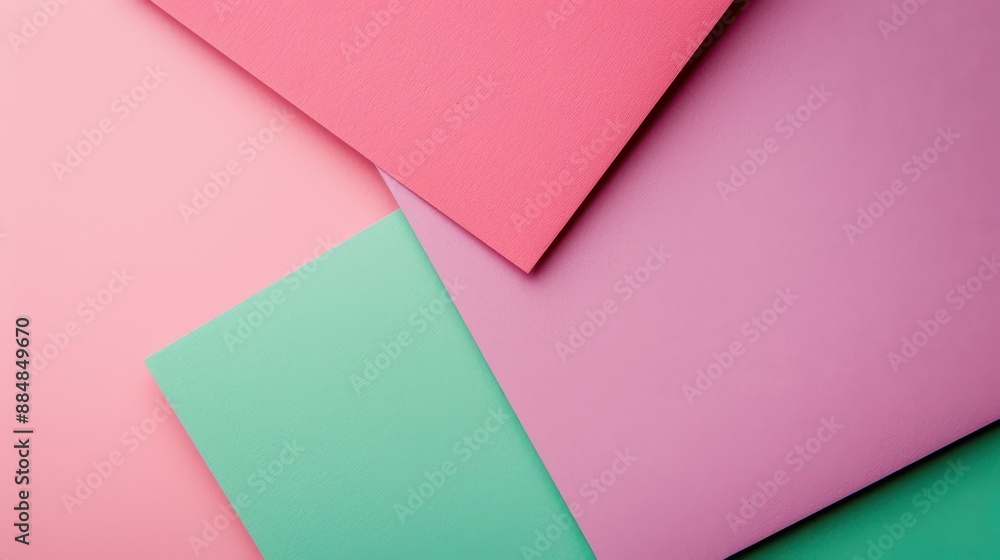 Vibrant pastel pink paper sheet on colorful background. Copy space for text. Abstract geometric design. Vibrant pastel pink paper sheet on colorful background. Copy space for text. Abstract geometric design.
