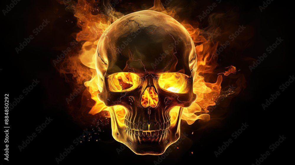 Intense image of a flaming skull with glowing eyes against a dark background, perfect for edgy designs or spooky creations. Intense image of a flaming skull with glowing eyes against a dark background, perfect for edgy designs or spooky creations.