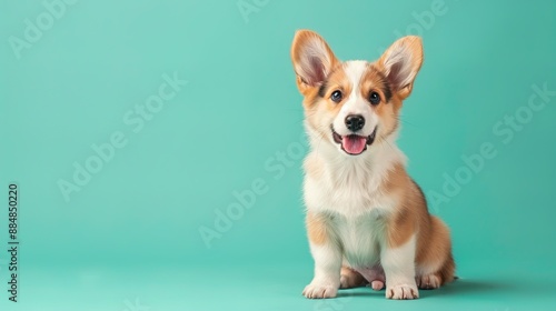 Happy corgi puppy sitting against a teal background