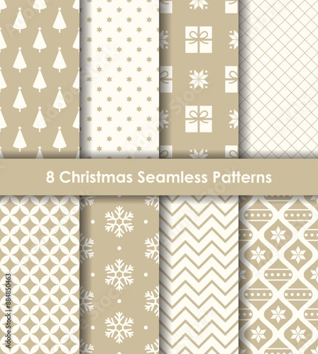 Set of Christmas seamless patterns in beige and white. Including trees, snowflakes, gift boxes, ornaments, and basic geometric patterns. Perfect for gift wrapping, stationeries, backgrounds, and more.