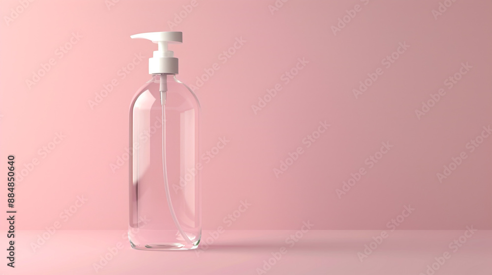 A clear plastic bottle with a white pump dispenser on a plain pastel pink background, with ample space for text. A clear plastic bottle with a white pump dispenser on a plain pastel pink background, with ample space for text.