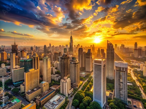 Panoramic urban landscape at dusk, cityscape stretches to the horizon, skyscrapers pierce the sky, warm sunset hues casting a golden glow on concrete jungle.