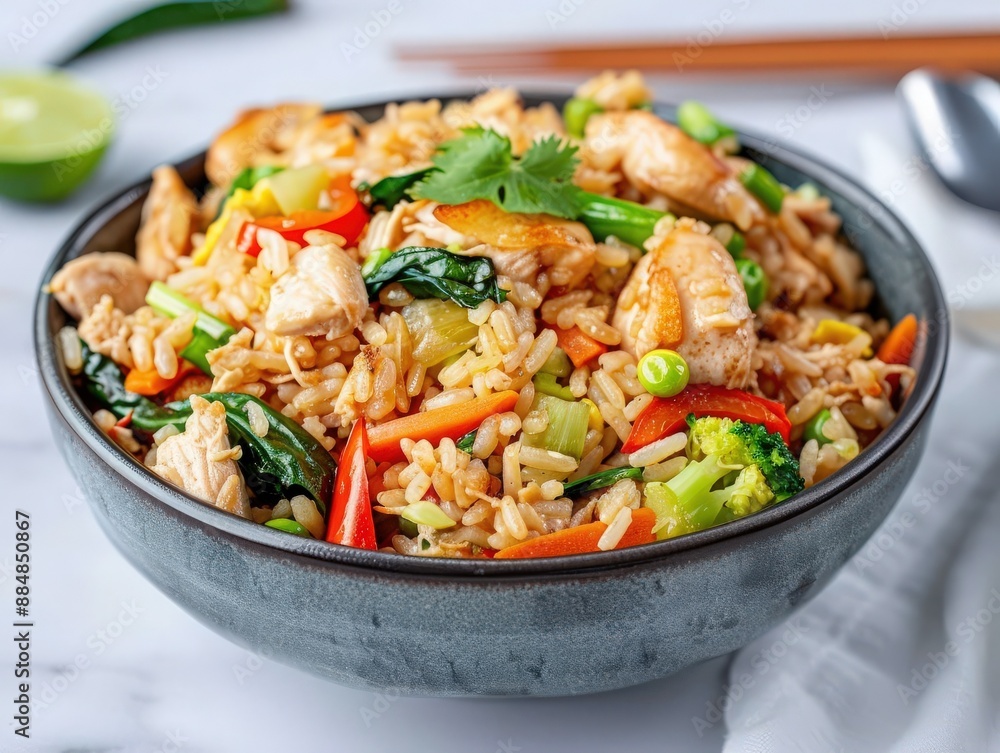 A delicious bowl of chicken fried rice with vibrant vegetables like broccoli, carrots, and peppers, garnished with cilantro and served on white table. A delicious bowl of chicken fried rice with vibrant vegetables like broccoli, carrots, and peppers, garnished with cilantro and served on white table.