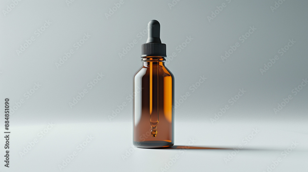 A glossy amber glass bottle with a dropper cap, positioned on a light gray background, reflecting minimal light. A glossy amber glass bottle with a dropper cap, positioned on a light gray background, reflecting minimal light.