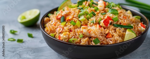 A delicious bowl of seafood fried rice garnished with green onions and lime, perfect for a flavorful meal.