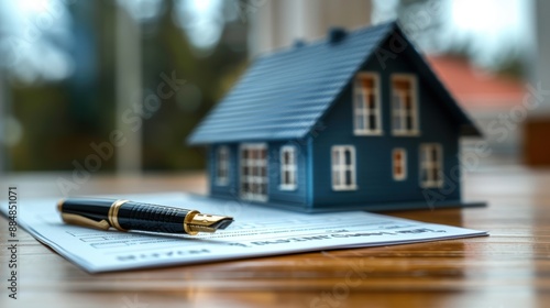 Close-up of a pen on a contract next to a small house model, symbolizing real estate, mortgage, and homeownership deals.