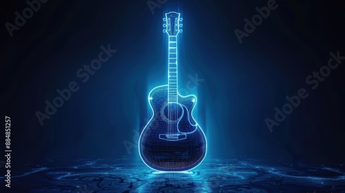 Futuristic glowing acoustic guitar in dark blue light ambiance, showcasing modern technology and creativity in music.