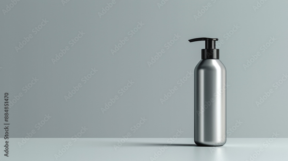 A matte silver bottle with a black pump on a plain light gray background, designed for ad space. A matte silver bottle with a black pump on a plain light gray background, designed for ad space.
