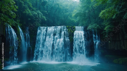 Serene waterfall cascading into a pool of water amidst lush green forest, creating a tranquil nature scenery.