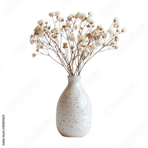 Elegant white vase filled with delicate white dry flowers, providing a chic and minimalist decor element for a modern, stylish home interior.