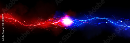 Thunder vs light effect background. Bolt energy collision in blue and red. Lightning shock and magic storm versus concept. Particle explosion for battle design. Abstract confrontation discharge