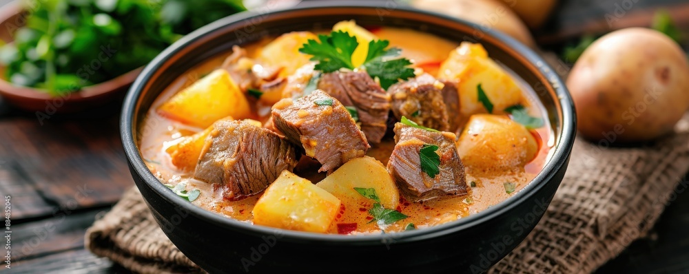 Delicious beef stew with potatoes and herbs in a rustic bowl, served on a wooden table with fresh parsley in the background. Delicious beef stew with potatoes and herbs in a rustic bowl, served on a wooden table with fresh parsley in the background.
