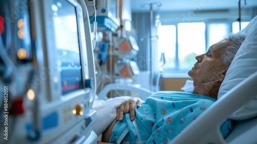 Person in a hospital bed, hooked up to an IV, receiving treatment for severe symptoms of H.pylori infection,The scene should convey the seriousness of the condition.