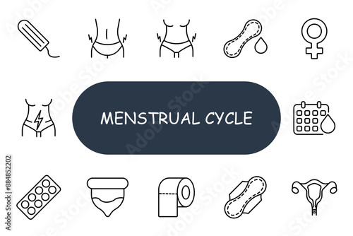 Menstrual cycle set icon. Tampon, pain, pad, female, calendar, cramp, birth control, cup, toilet paper, uterus, menstruation, health, period, hygiene, ovulation, fertility, woman, cycle, sanitary.