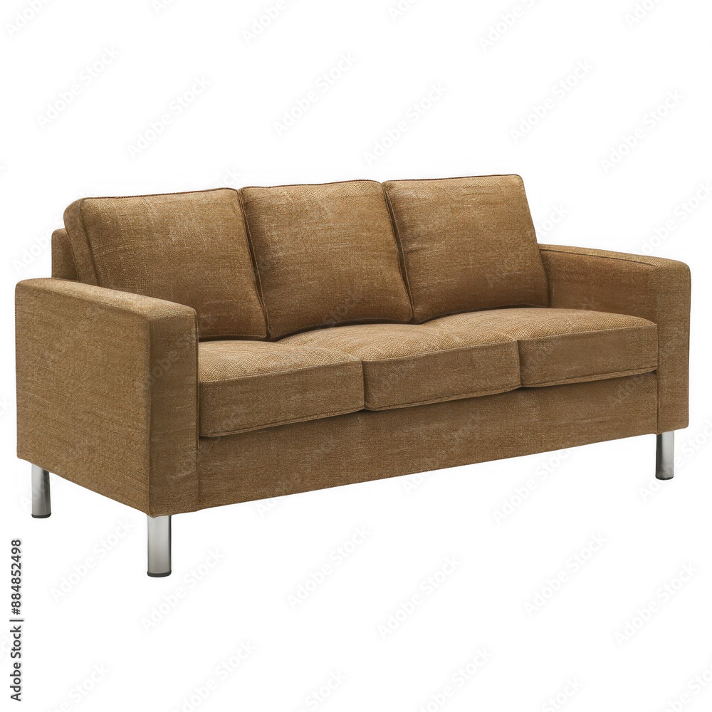 Obraz premium Modern brown fabric three-seater sofa with clean lines and metal legs. Perfect for living rooms, offices, and lounges to enhance decor.