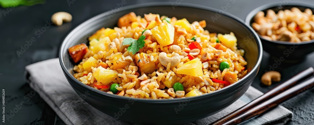 Delicious pineapple fried rice served in a bowl with fresh vegetables and tofu, garnished with herbs, perfect for a healthy meal. Delicious pineapple fried rice served in a bowl with fresh vegetables and tofu, garnished with herbs, perfect for a healthy meal.