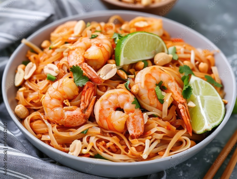 Delicious shrimp pad thai, a traditional Thai noodle dish, garnished with lime, peanuts, and fresh cilantro. Delicious shrimp pad thai, a traditional Thai noodle dish, garnished with lime, peanuts, and fresh cilantro.