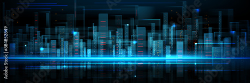 Abstract future city building tech background. Blue digital smart futuristic cityscape concept. Innovation and data hologram for virtual reality. Cyber metaverse network bg. Urban business energy