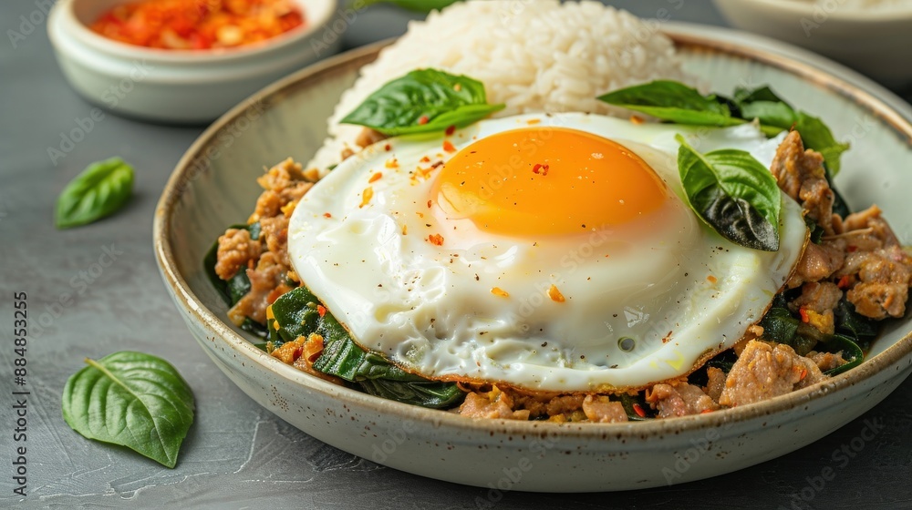 Delicious Thai dish with a sunny-side-up egg on stir-fried vegetables, served with rice and garnished with fresh herbs. Delicious Thai dish with a sunny-side-up egg on stir-fried vegetables, served with rice and garnished with fresh herbs.