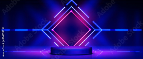 Blue pink neon 3d podium. Futuristic light stage for product display. Abstract glow platform in dark room with geometric led square for presentation. Realistic award pedestal for winner design