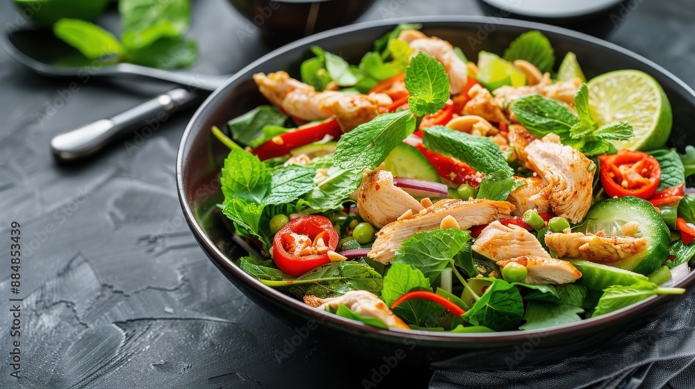 Fresh and vibrant chicken salad with a medley of vegetables, garnished with lime and mint, served in a black bowl. Fresh and vibrant chicken salad with a medley of vegetables, garnished with lime and mint, served in a black bowl.