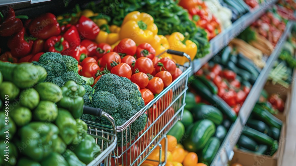 Fresh vegetables in a grocery store display, vibrant colors of bell peppers, tomatoes, cucumbers, and broccoli on the shelf. Fresh vegetables in a grocery store display, vibrant colors of bell peppers, tomatoes, cucumbers, and broccoli on the shelf.