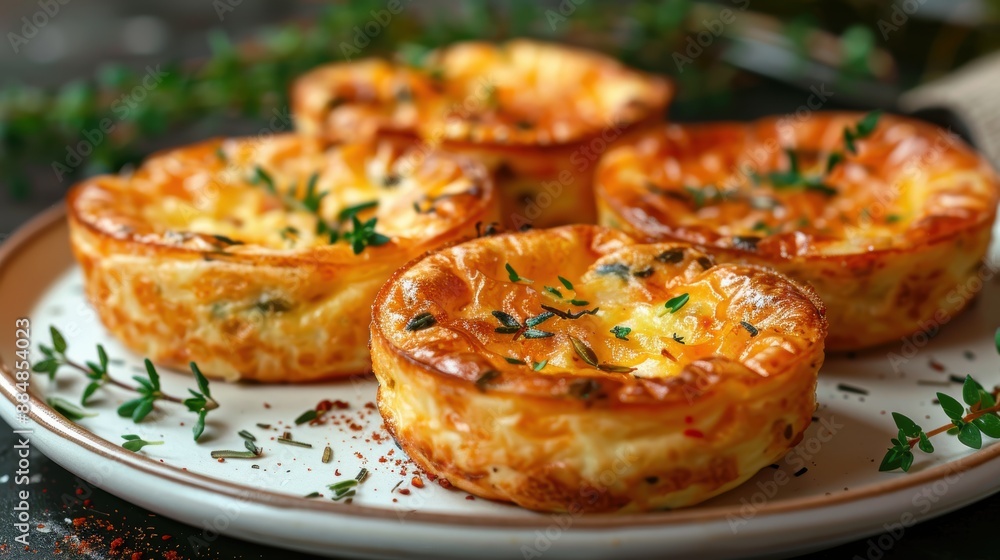 Delicious homemade mini quiches on a white plate, garnished with fresh herbs, perfect for breakfast or brunch. Delicious homemade mini quiches on a white plate, garnished with fresh herbs, perfect for breakfast or brunch.