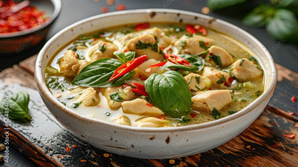 Delicious Thai green curry with succulent chicken pieces, fresh basil leaves, and a rich, aromatic broth served in a rustic bowl. Delicious Thai green curry with succulent chicken pieces, fresh basil leaves, and a rich, aromatic broth served in a rustic bowl.