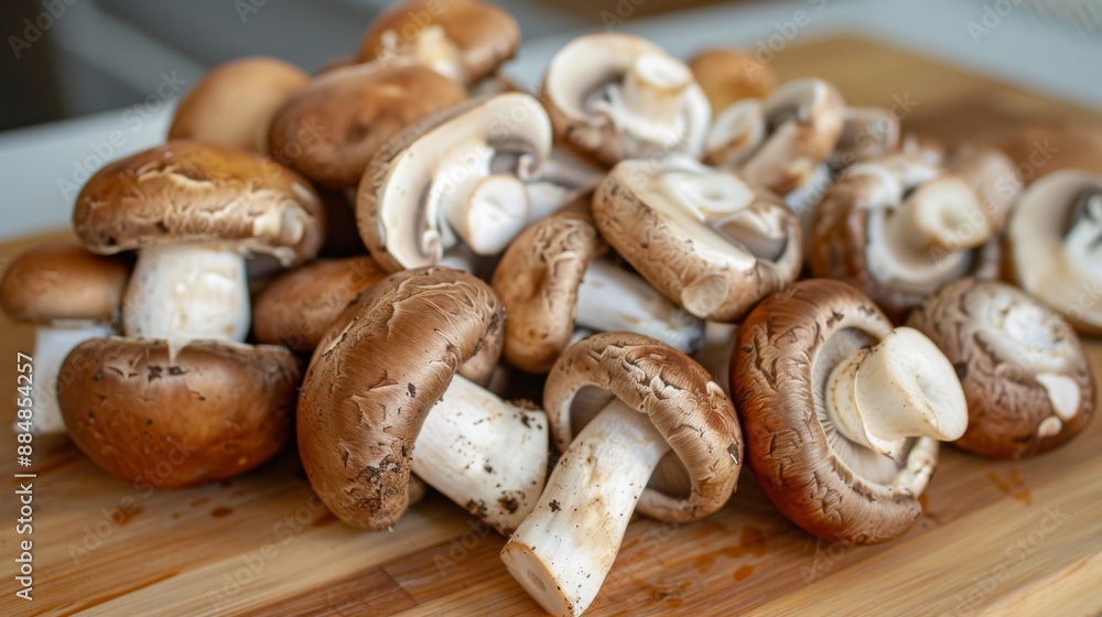 Close-up of freshly harvested edible mushrooms arranged on a wooden cutting board. Close-up of freshly harvested edible mushrooms arranged on a wooden cutting board.