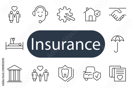 Insurance set icon. Couple, customer service, gear, house, handshake, hospital, family, dental, car, policy, umbrella, protection, coverage, support, health, property, finance, life, safety, security.