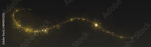 Magic gold dust trail with star shaped sparkles on dark transparent background. Realistic vector illustration of circle and wave path of shine glitter and shimmer particles. Can be used as png.