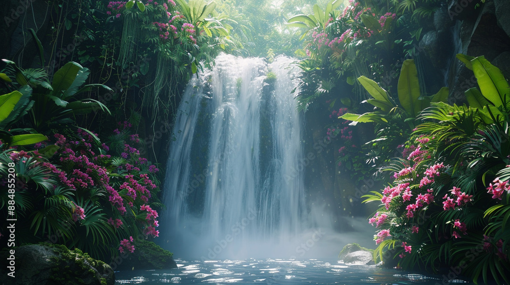 A serene composition of a cascading waterfall in a tropical rainforest, surrounded by lush green foliage and exotic flowers. A serene composition of a cascading waterfall in a tropical rainforest, surrounded by lush green foliage and exotic flowers.