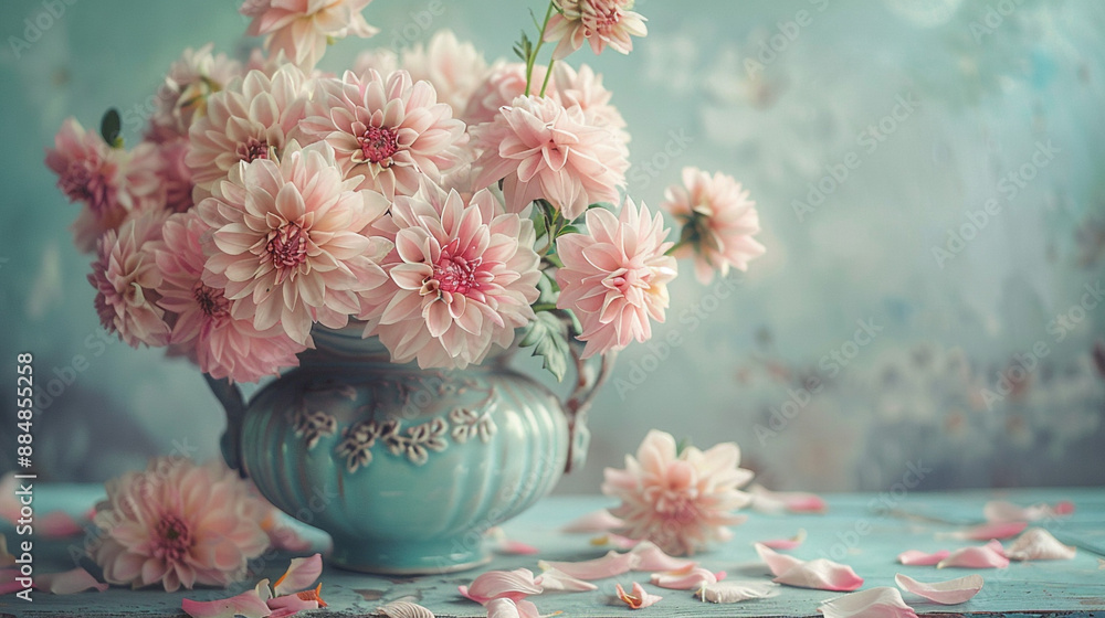A serene composition of pastel-colored flowers arranged in a vintage vase, with petals delicately scattered around. A serene composition of pastel-colored flowers arranged in a vintage vase, with petals delicately scattered around.
