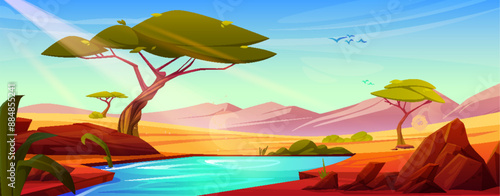 African savannah cartoon landscape with green acacia trees and water in lake, stones on shore and sand field, rocky mountains and blue sky. Cartoon vector illustration of africa safari desert scenery.