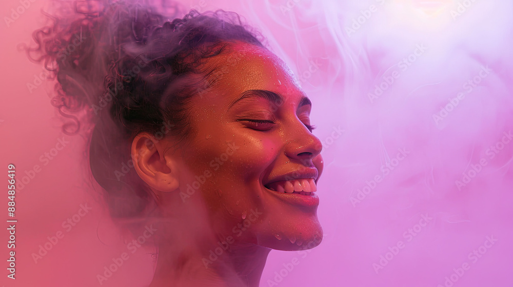 Young Woman Smiling in Steam Room, Relaxation and Wellness, Spa Experience, Happy Female in Sauna, Health and Leisure, Spa Treatment, Relaxing Steam Therapy Young Woman Smiling in Steam Room, Relaxation and Wellness, Spa Experience, Happy Female in Sauna, Health and Leisure, Spa Treatment, Relaxing Steam Therapy