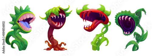Scary carnivorous monster plants with flytrap on stem. Creepy dangerous fantasy flowers with mouth and teeth. Cartoon vector illustration set of horrible predatory alien poisonous creatures.
