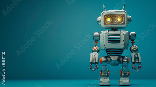 A realistic toy robot standing on a deep blue backdrop with open space for copy on the right.