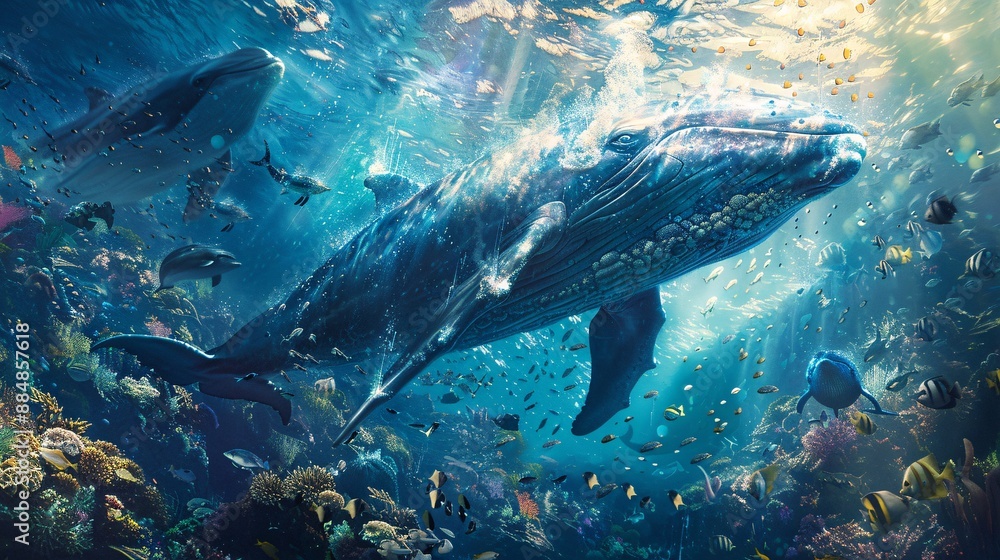 Fototapeta premium Humpback Whale Swimming in a Coral Reef.