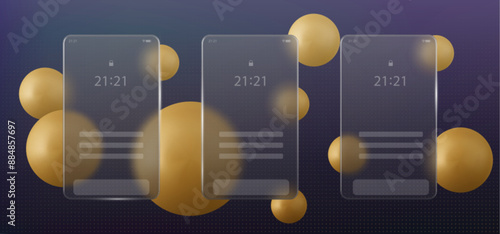 Glass morphism phone transparent screen frame with blur ui mockup. Smartphone app interface carousel for social media post concept. Futuristic rectangle web design with gold circle element layout