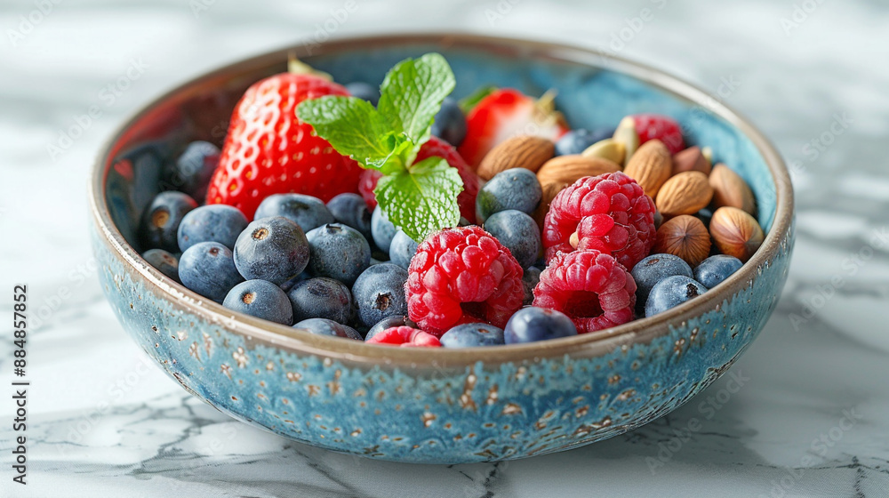 A close-up of a bowl filled with fresh berries, nuts, and seeds, placed on a marble countertop with a minimalistic background. A close-up of a bowl filled with fresh berries, nuts, and seeds, placed on a marble countertop with a minimalistic background.