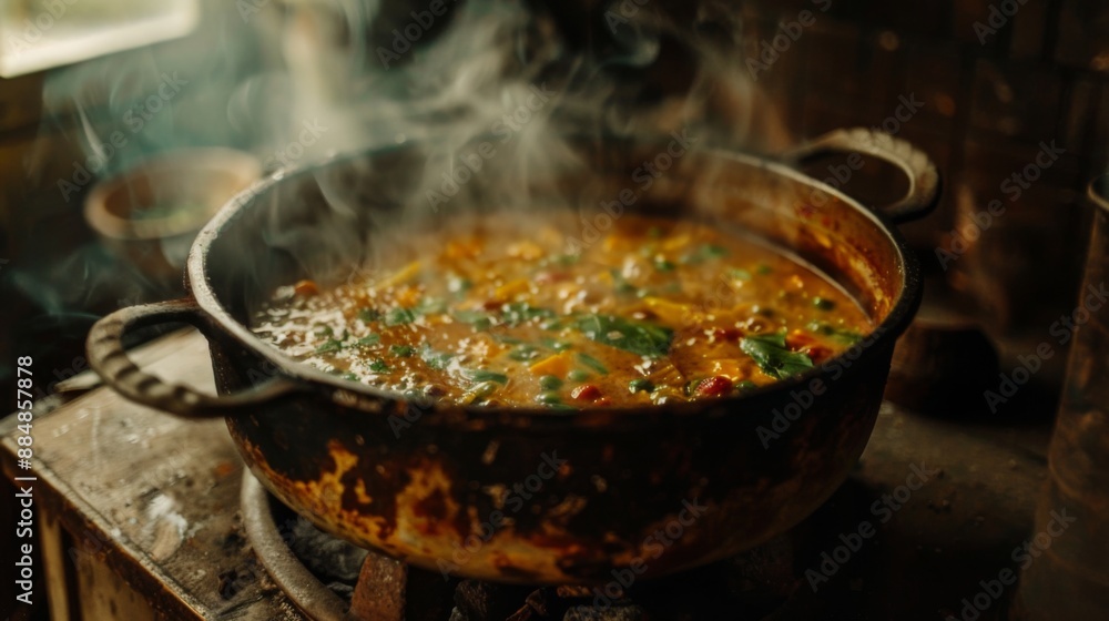 Pot of simmering curry with spices and herbs bubbling in a rustic kitchen. Pot of simmering curry with spices and herbs bubbling in a rustic kitchen.