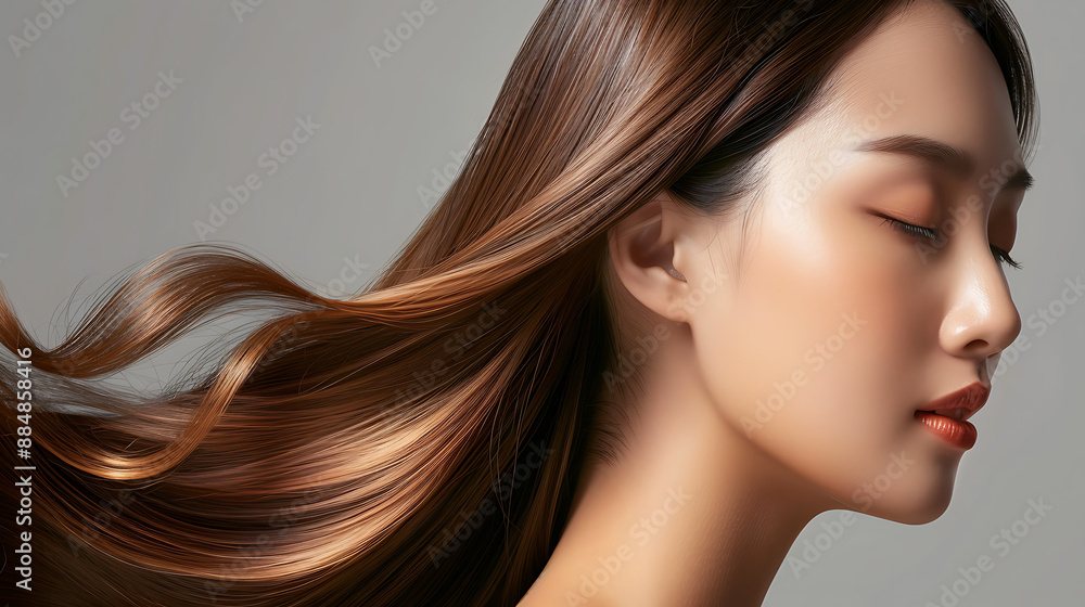 Elegant Asian Woman with Long Flowing Hair in Side Profile Elegant Asian Woman with Long Flowing Hair in Side Profile
