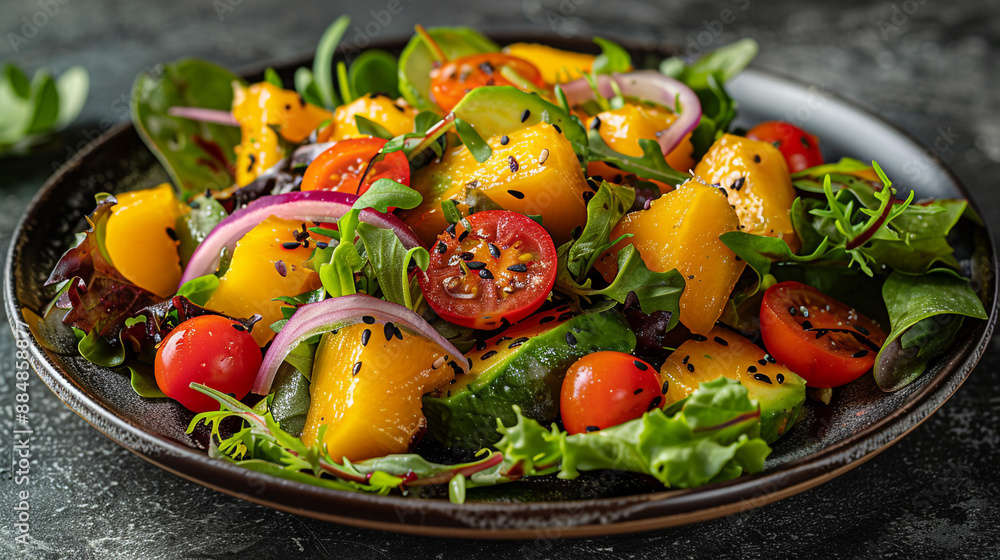A tropical mango salad with mixed greens, avocado, cherry tomatoes, red onions, and a tangy mango vinaigrette, arranged on a ceramic plate. A tropical mango salad with mixed greens, avocado, cherry tomatoes, red onions, and a tangy mango vinaigrette, arranged on a ceramic plate.