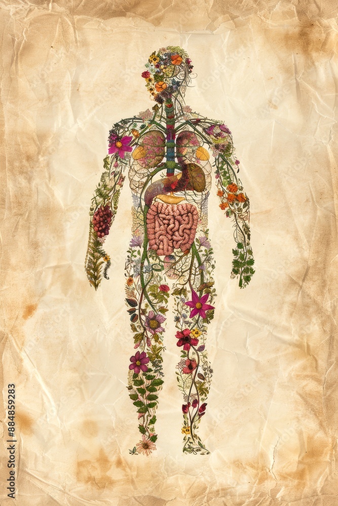 watercolor clipart of human anatomical body made up of botanical ...