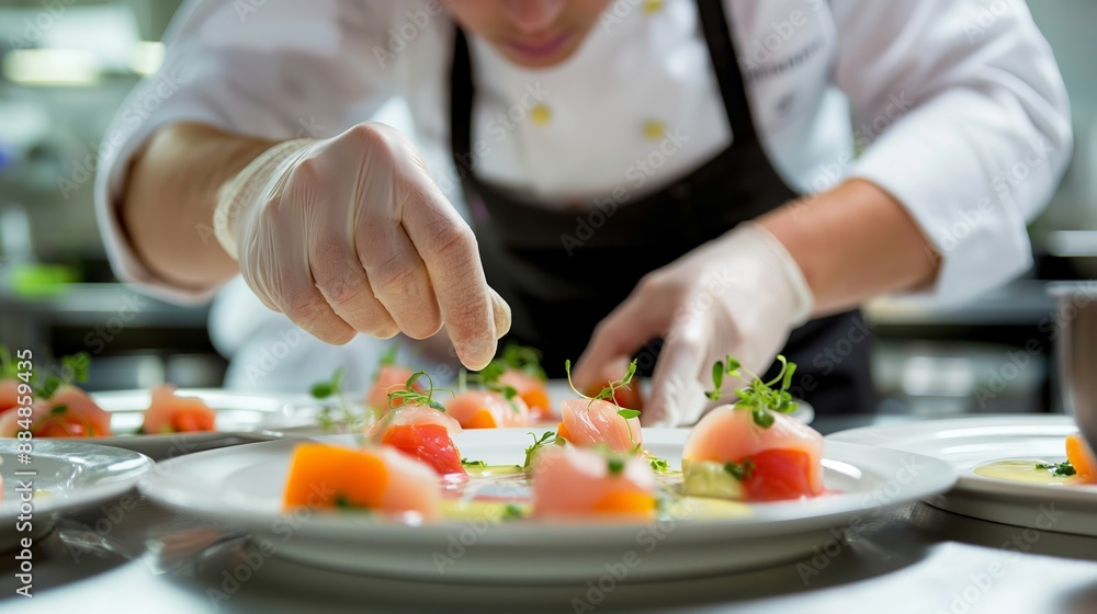 A chef is preparing a plate of food with a variety of ingredients, including a piece of meat and a garnish. The plate is placed on a dining table A chef is preparing a plate of food with a variety of ingredients, including a piece of meat and a garnish. The plate is placed on a dining table