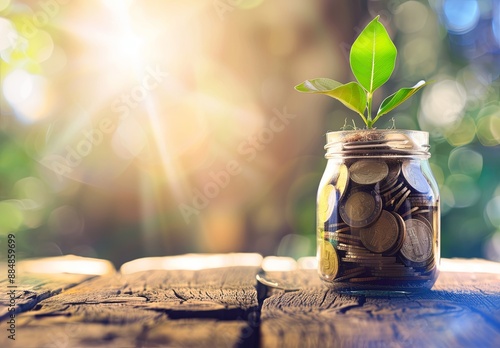 Glass Jar Filled with Coins and Sprouting Plant on Wooden Table Against Blurred Nature Scene, Symbolizing Financial Growth and Environmental Change with Warm Sunlight Glow