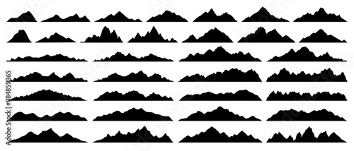 Vector mountain silhouette, hiking hill peak or forest nature landscape in flat style on white background. Mountain icon or symbol for travel business. Vintage mountain silhouette pattern or line art.