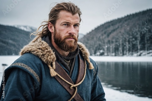 Portrait of A viking sailor man in winter, 11th century times